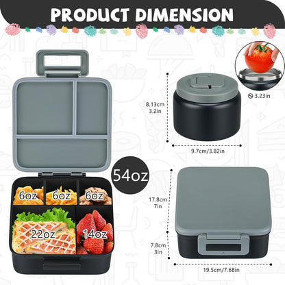 MAISON HUIS Bento Lunch Box with 8oz Soup Thermo and Insulated Lunch Bag, Kids Leakproof Lunch Food Containers with 5 Compartment, Boys Girls Thermo Hot Food Jar for Travel, School, BPA Free (Black)