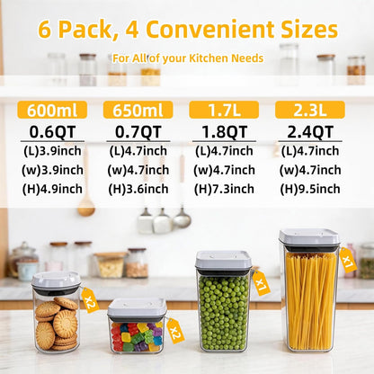 Pop Airtight Food Storage Containers with Lids, Push Button Seal BPA-Free for Kitchen Pantry Organization, 3 Pcs 0.65Qt/0.7Qt/1.8Qt for Cereal, Flour, Sugar, Snacks Dry Food Storage