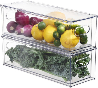 Fridge Organizers and Storage Pull Out Drawer, 2 Large | Dividers, Stackable, Clear, Fruit and Veggies Containers, for Kitchen, Cabinet