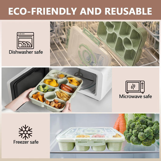 Dishwasher Safe Snackle Box Container, Snack Divided Serving Tray with Lid, Portable Snack Organizer with Date Marker, 2 Dressing Containers, Fork and Spoon, Green