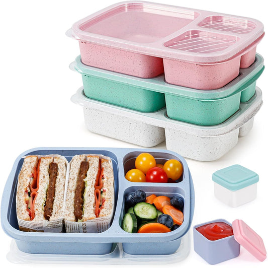 Caperci Bento Lunch Box Containers for Adults & Kids - 3-Compartment Reusable Meal Prep Containers with 2 Sauce Containers for School, Work, Travel, Wheat Straw, 4-Pack (Vintage Colors)