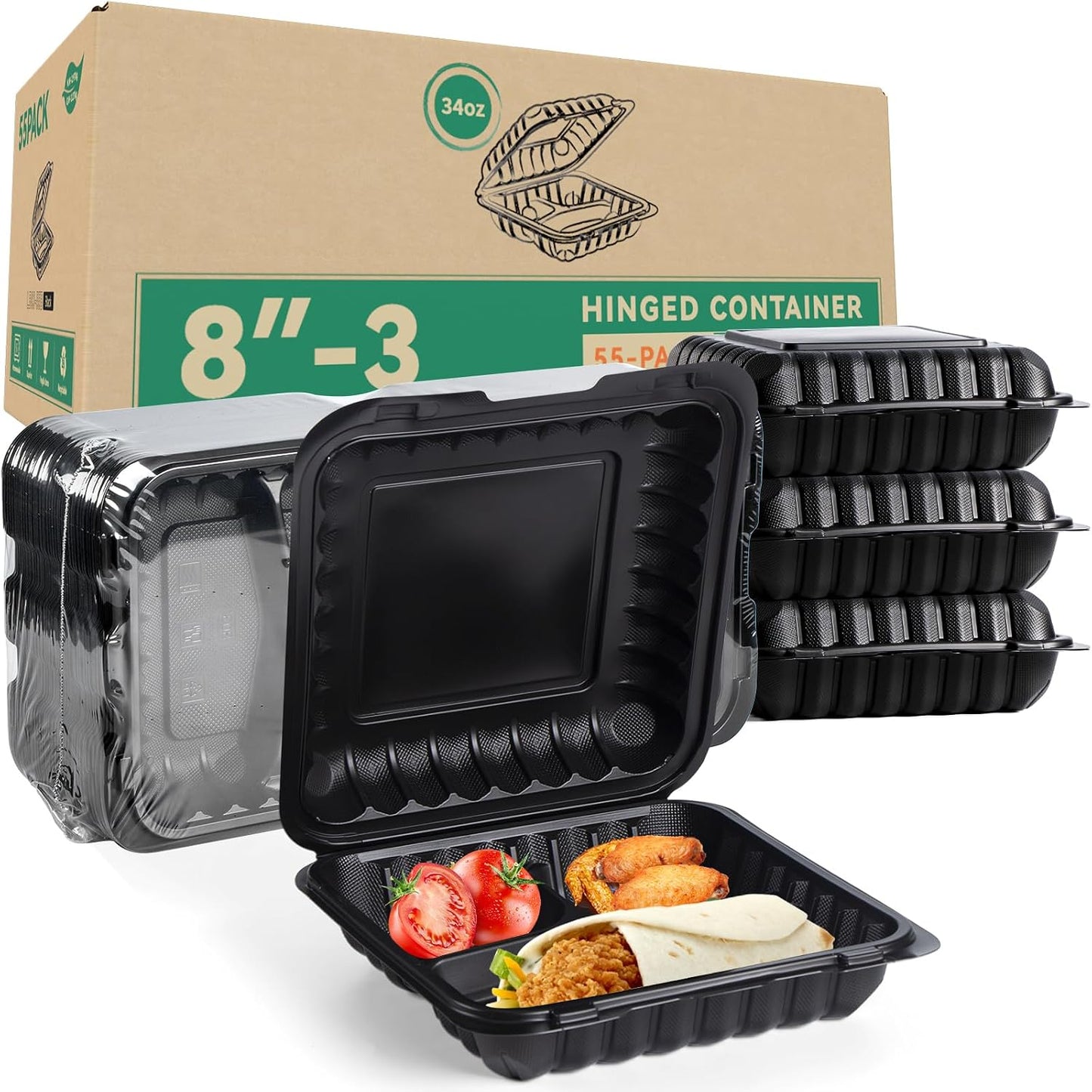 Takeout Container Mineral Filled PP Plastic - 7.8 Inch 30oz 65 Pack BPA Free 3 Compartments Shrink Wrap Bento Box | Freezer & Microwave Safe for Picnic | Black Reusable & Disposable Containers