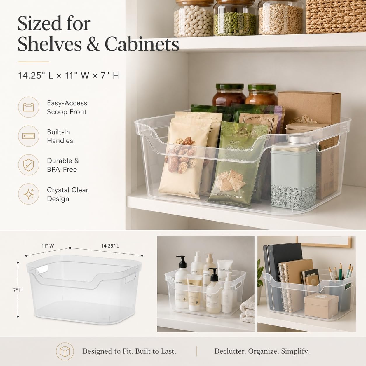 Clear Plastic Storage Bin, Large Open Organizer Bin with Handles, 14.25" L Easy Access Pantry & Closet Organizer, See-Through Container for Home Office