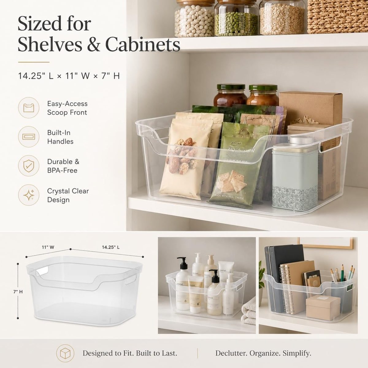 （2 Pack） Clear Plastic Storage Bin, Large Open Organizer Bin with Handles, 14.25" L Easy Access Pantry & Closet Organizer, See-Through Container for Home Office