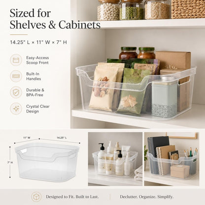 （2 Pack） Clear Plastic Storage Bin, Large Open Organizer Bin with Handles, 14.25" L Easy Access Pantry & Closet Organizer, See-Through Container for Home Office