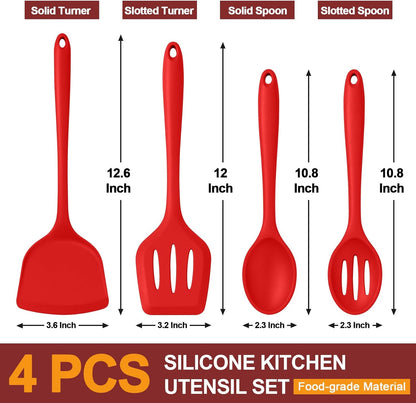 P&P CHEF Kitchen Utensil Set, 4 Pieces Non-stick Silicone Cooking Utensils, Heat-resistant Slotted Solid Spoon Turner for Frying, Mixing, Serving, Non-toxic & Easy to Clean, Blue