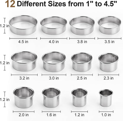 HOOMIL 12 Pcs Round Cookie Cutters, 1 to 4.5 Inch Graduated Set