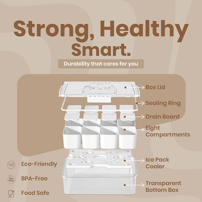 Portable Snackle Box Container with Ice Pack – 8-Compartment Snack Tray with Lid, Divided Serving Tray & Drain Trays, Ideal Charcuterie Snack Cooler for Picnic, Travel & Parties