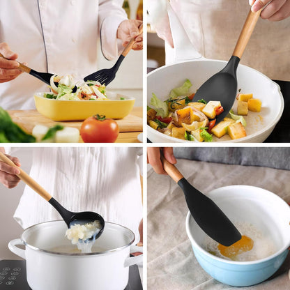 Kitchen Cooking Utensils Set, 6Pcs Silicone Kitchen Utensils Set Spatula Spoon Soup Ladle Turner, Heat Resistant Wooden Handle Silicone Cooking Gadgets for Nonstick Cookware & Baking BPA FREE
