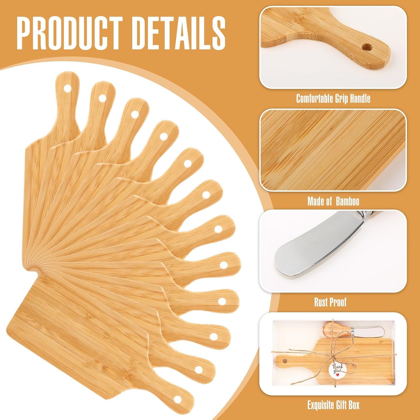 Tioncy 12 Sets Bridal Baby Shower Cheese Prizes Christmas Kitchen Gifts Mini Charcuterie Board Set with Knife Wooden Board Thank You Box for Christmas Wedding Party Guests Game Gifts(Bamboo)