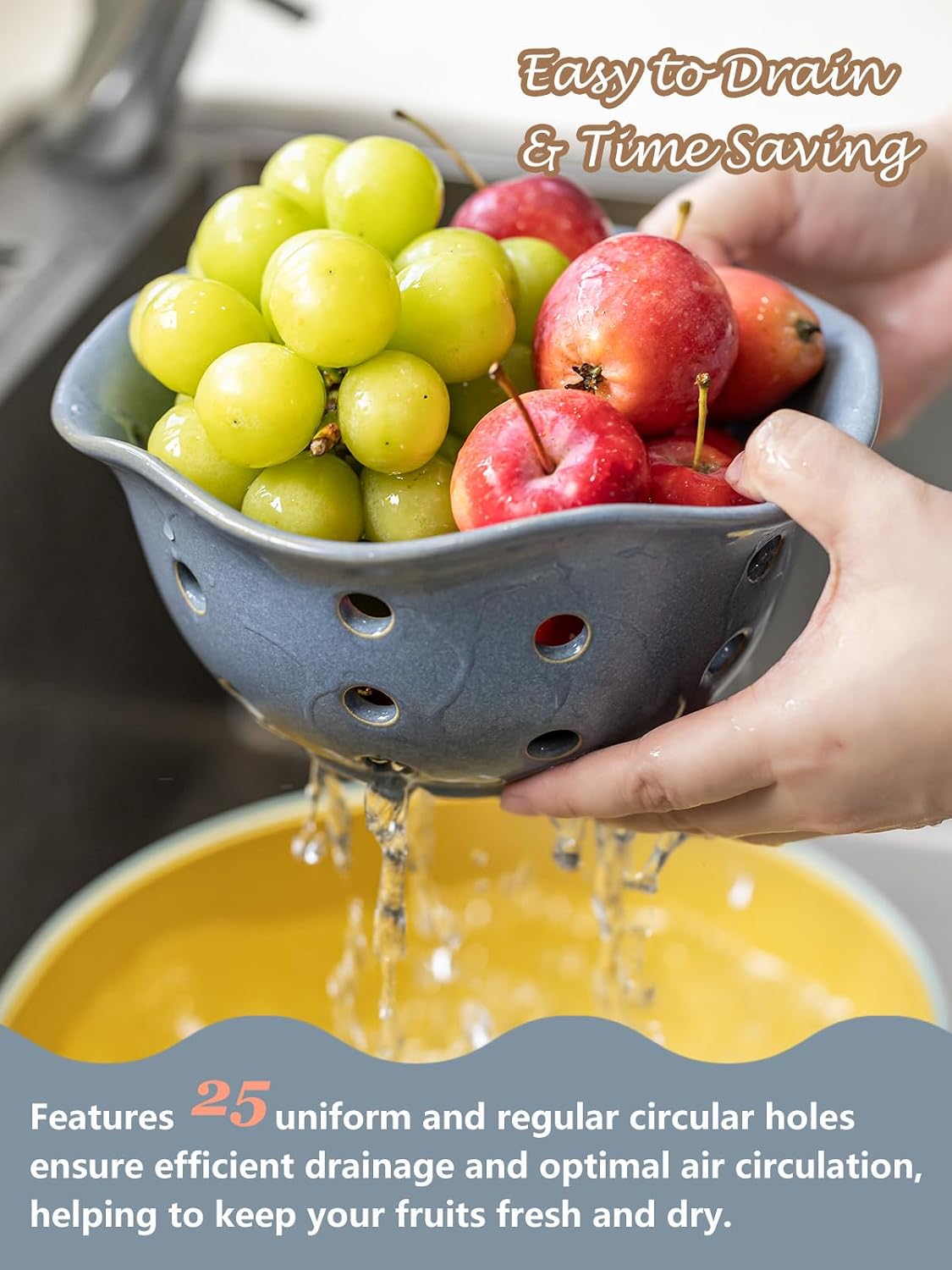 Gomakren Berry Bowls with Holes Ceramic, Berry Washing Bowl Basket Set of 2, 5.8 Inch Round Fruit Bowl Storage Containers, Strawberry Baskets, Farmhouse Kitchen Decor, Yellow + Brown