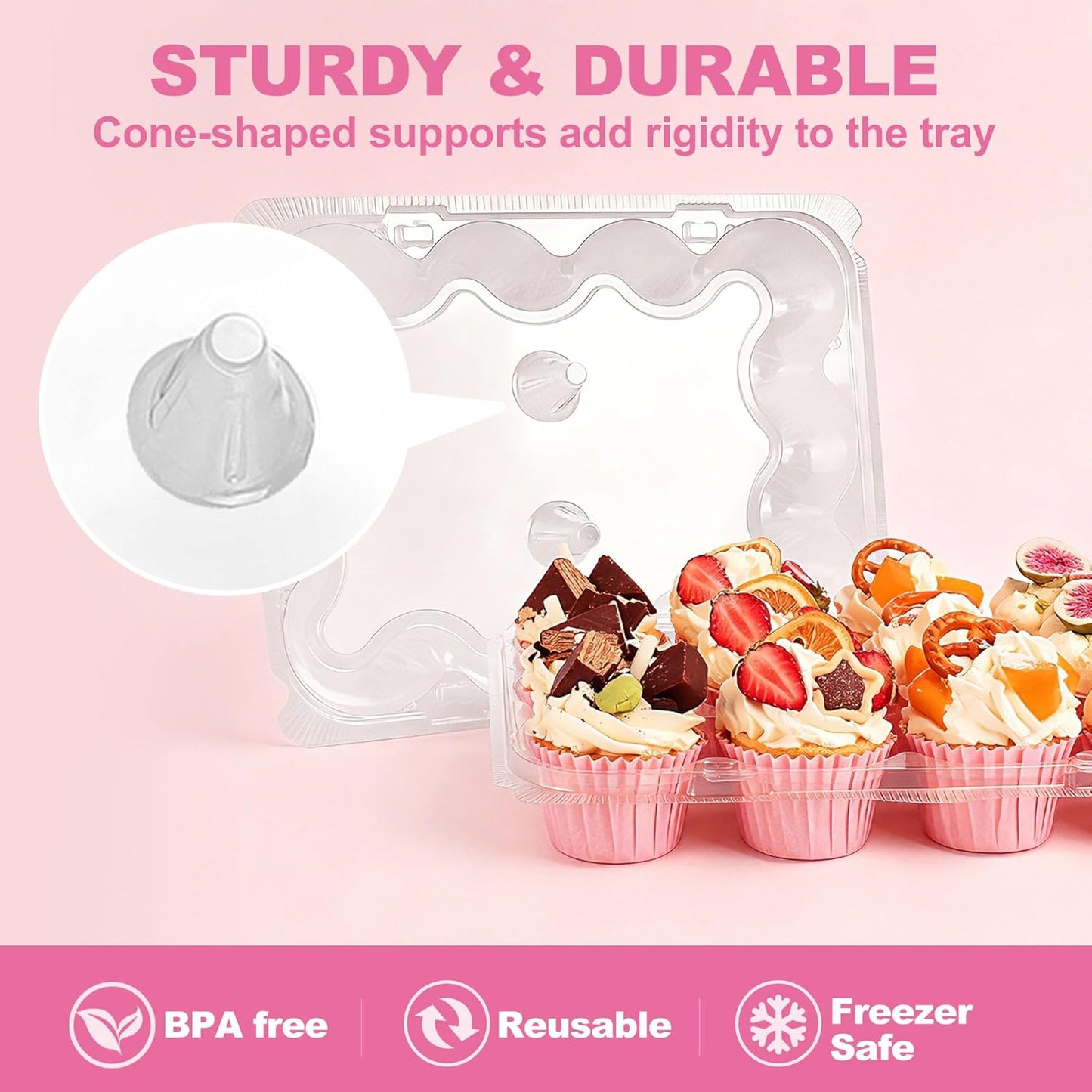 LotFancy (12 Count x 12 Sets) Cupcake Containers with 144 Liners, Thick Plastic Cupcake Boxes Holders, BPA Free, Disposable Cupcake Carrier with Detachable Tall Dome Lid