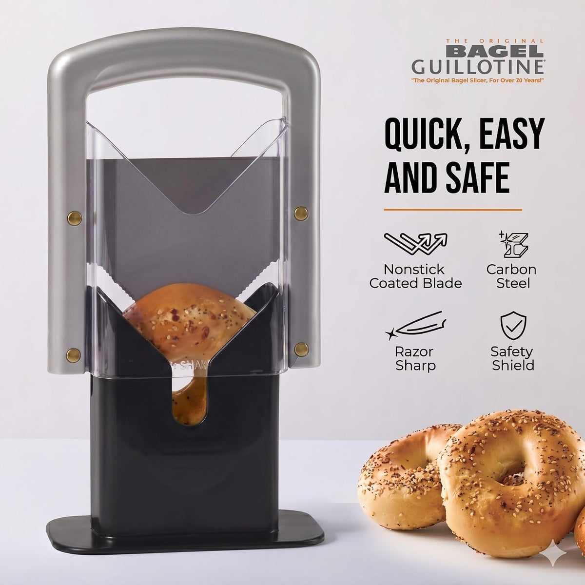 Hoan Bagel Biter Bagel Slicer and Cutter with Safety Shields - Guillotine Style Bagel Cutter Slicer for Large and Small Bagels, English Muffins, Buns, and Rolls - Compact, Dishwasher Safe
