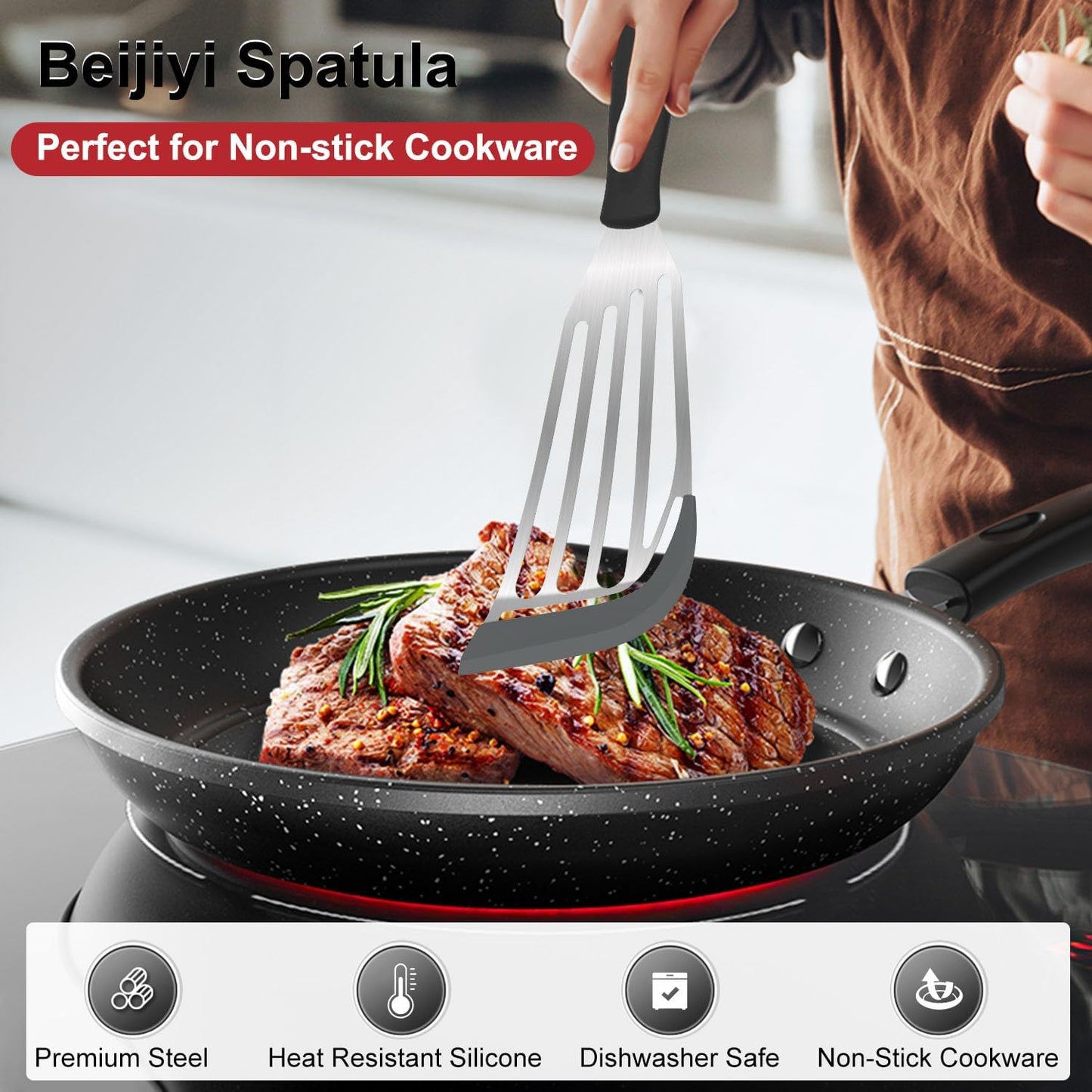 Beijiyi 2-Piece Silicone Fish Spatula for Nonstick Cookware, Heat Resistant | BPA Free, Flexible & Thin Edge, Scratch-Free, Slotted Turner, Kitchen Use, Cooking Flipper for Egg, Pancake, Dishwasher Safe