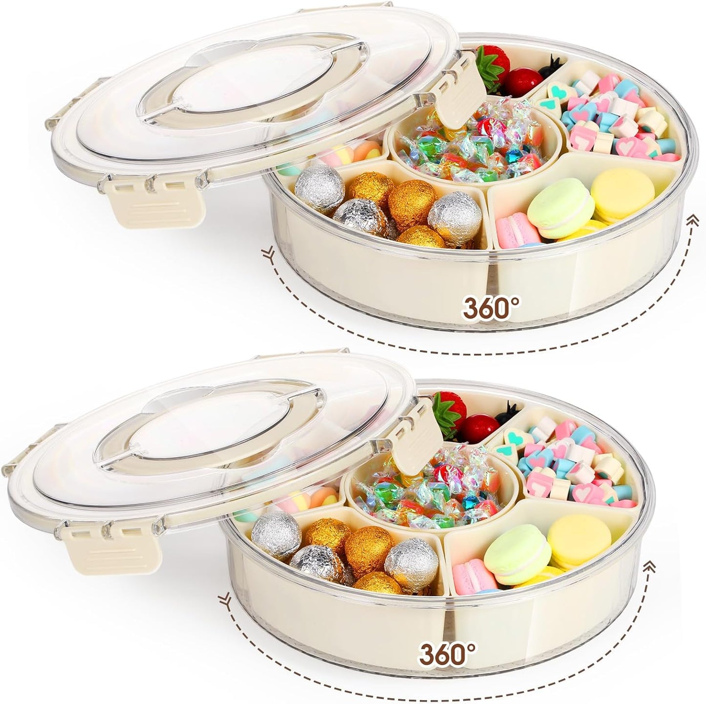 Maxdot 2Pcs Snackle Box Container Divided Serving Tray with Lid and Handle,6 Compartment Rotating Reusable Snack Portable Spinner Tray Portable Food Platter for Lunch Veggie Fruit Party Travel,10.6
