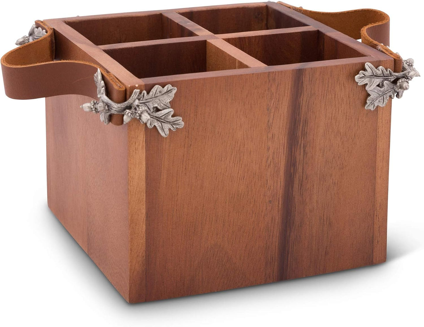 Vagabond House Caddy Rectangle Acacia Wood Flatware/Serve ware/Utensil/Carry-All Holder Solid Pewter Song Bird Accent and Real Leather Handles, 3 Small and 1 Larger Compartment 13.5 inch Long