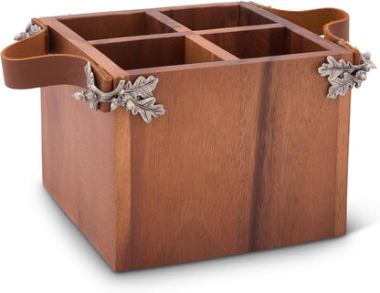 Vagabond House Caddy Rectangle Acacia Wood Flatware/Serve ware/Utensil/Carry-All Holder Solid Pewter Song Bird Accent and Real Leather Handles, 3 Small and 1 Larger Compartment 13.5 inch Long
