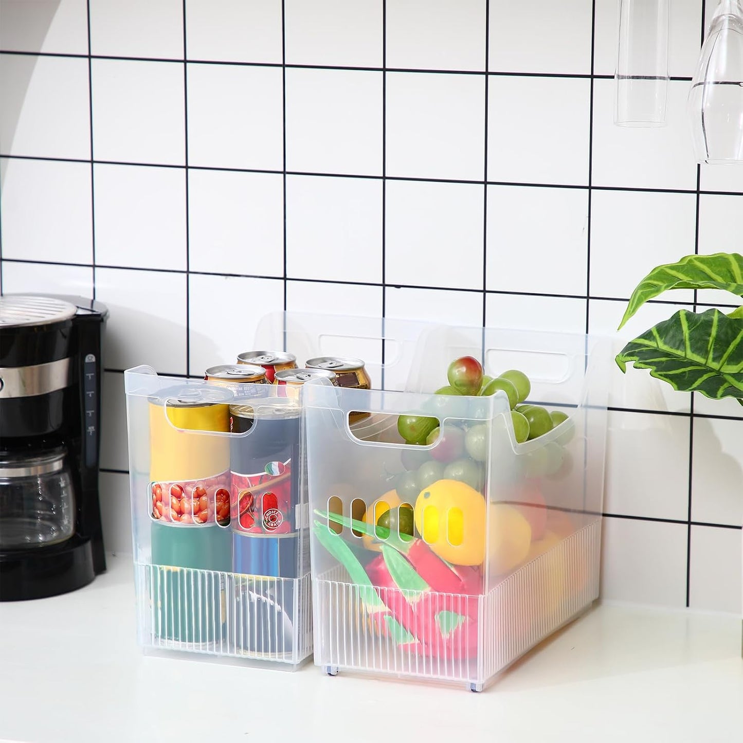 Qunclay 6 Plastic Freezer Organizer Bins with Wheel Set Clear Tall Narrow Kitchen Pantry Organizer Snack Storage Containers for Office Refrigerator(3 Sizes)