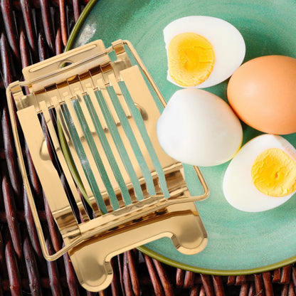 Stainless Steel Egg Slicer for Hard Boiled Eggs: Luxury Golden Metal strawberry Cutter Tool - Heavy Duty Strawberry Slicer & Mushroom Fruit Chopper Kitchen Gadget, Dishwasher Safe, 5.50"x3.65"