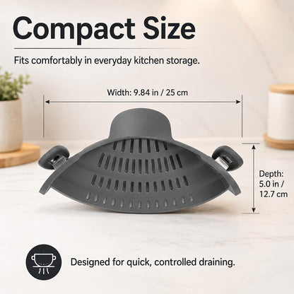 Clip-On Silicone Pot Strainer, Hands-Free Pasta Colander, Grey