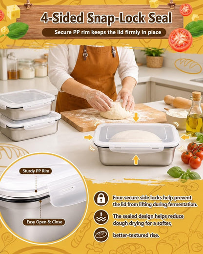 Pizza Dough Proofing Container, 29oz/850ml Stainless Steel Proofing Box with Clear Airtight Lids, Stackable Fermentation Storage for Pizza, Bread, Sourdough, Includes Dough Cutter