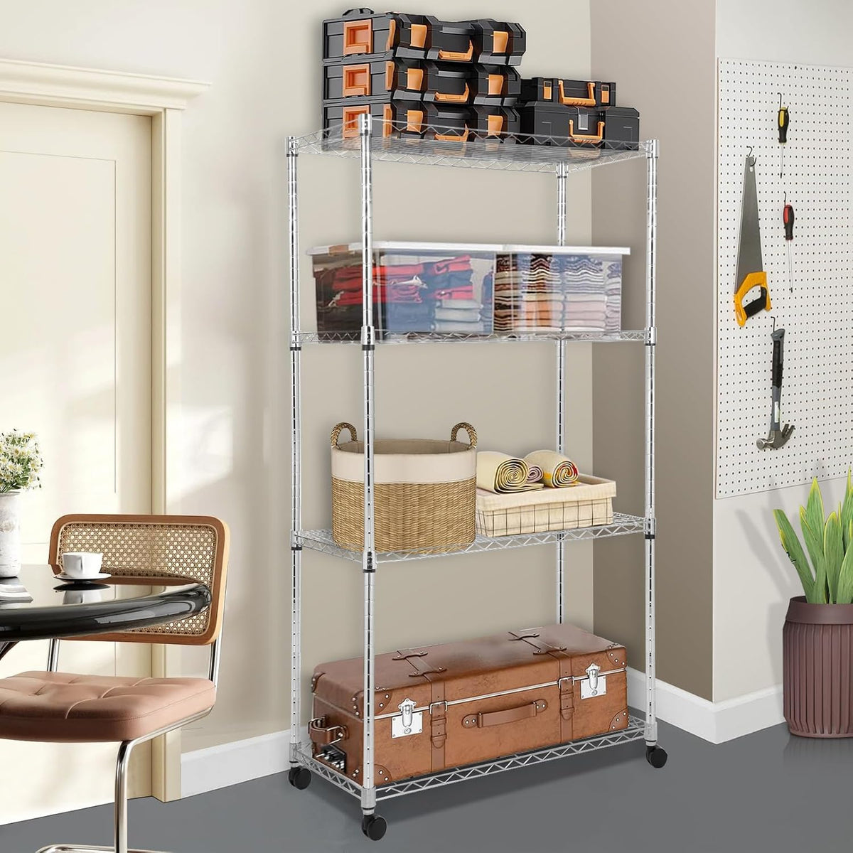 Whitmor 2-Wire Shelving Unit, Metal Storage Shelves, Stacking Shelf with Basket, Easy Assembly Home Organizer for Pantry, Kitchen, Garage, Plant