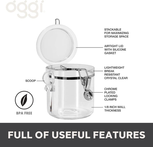Oggi 4pc Clear Canister Set with Clamp Lids & Spoons - Airtight Food Storage Containers, Ideal for Kitchen & Pantry Storage of Bulk, Dry Food Including Flour, Sugar, Coffee, Rice, Tea, Spices & Herbs