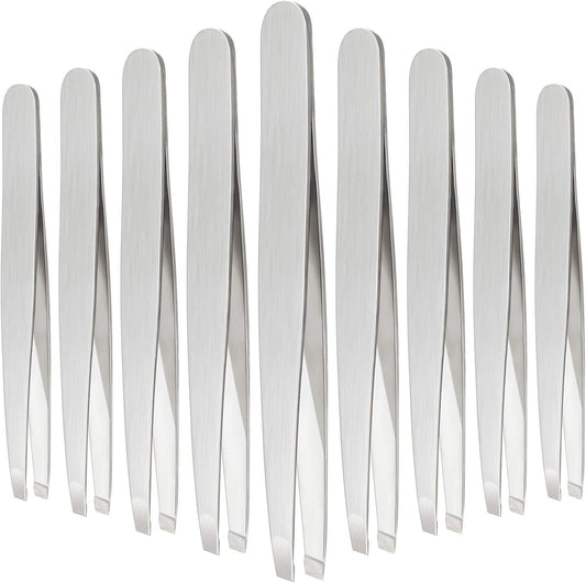 Mudder 12 Pcs Eyebrow Tweezers Set for Facial Hair Stainless Steel Slanted Tip Tweezers in Bulk for Men and Women(Silver)