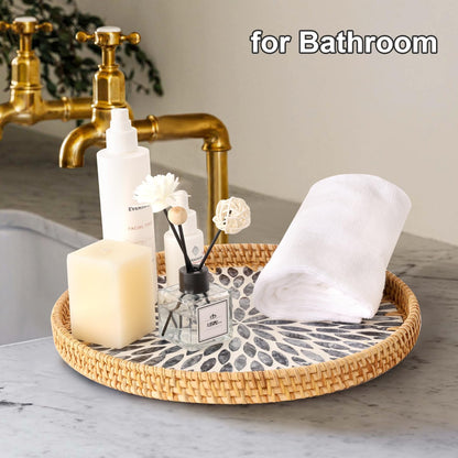Round Rattan Tray with Mother of Pearl Inlay, Rattan Serving Tray for Coffee, Bread, Fruits, Decorative Wicker Tray for Table Decor, Home Decor, Kitchen Island Decor(Black Checkerboard, 11.8")