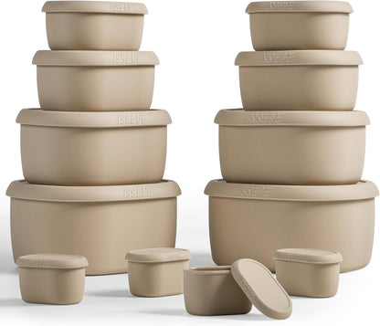 ISSEVE 12Pcs/Set Nesting Silicone Food Storage Containers with Lids, BPA Free Reusable Meal Prep Silicone Containers Airtight, Freezer Dishwasher Safe (33.8oz, 20oz, 10oz, 6.7oz, 1.3oz) (Beige)