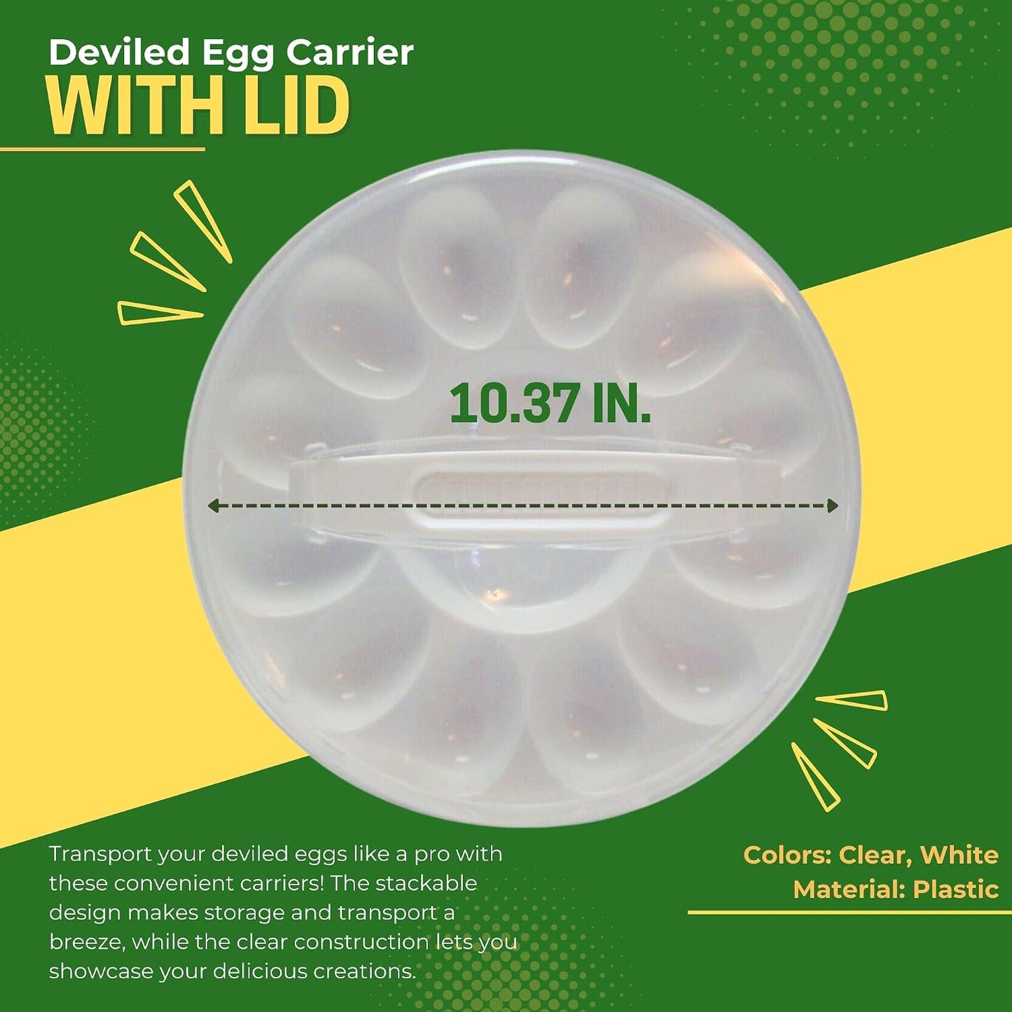 2-Pack Deviled Egg Carriers with Lids, 10.37in Round Plastic Egg Tray Holds 12 Deviled Eggs – BPA Free Reusable Food Storage Party Server Potlucks Transport Container Easter Brunch Picnics Serveware