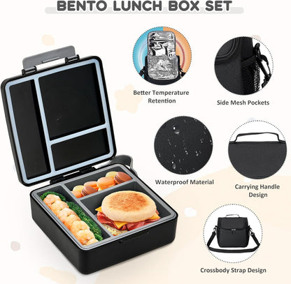 Pawtong Lunch Box Set with Bento Box Container, 17OZ Stainless Steel Food Soup Thermo, Kids Water Bottle & Portable Insulated Lunch Bag, Leakproof, Hot/Cold Retention for School, Travel (Purple-Horse)