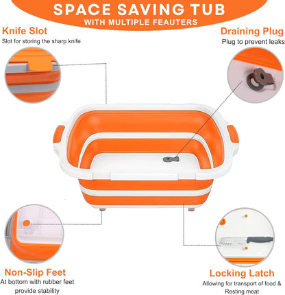 Collapsible BBQ Prep Tub 8L Black | Portable Meat Marinating Container with Locking Cutting Board Lid, BBQ Tongs, 2 Meat Shredding Claws & 2 Heat-Resistant Grill Gloves for Camping & Grilling