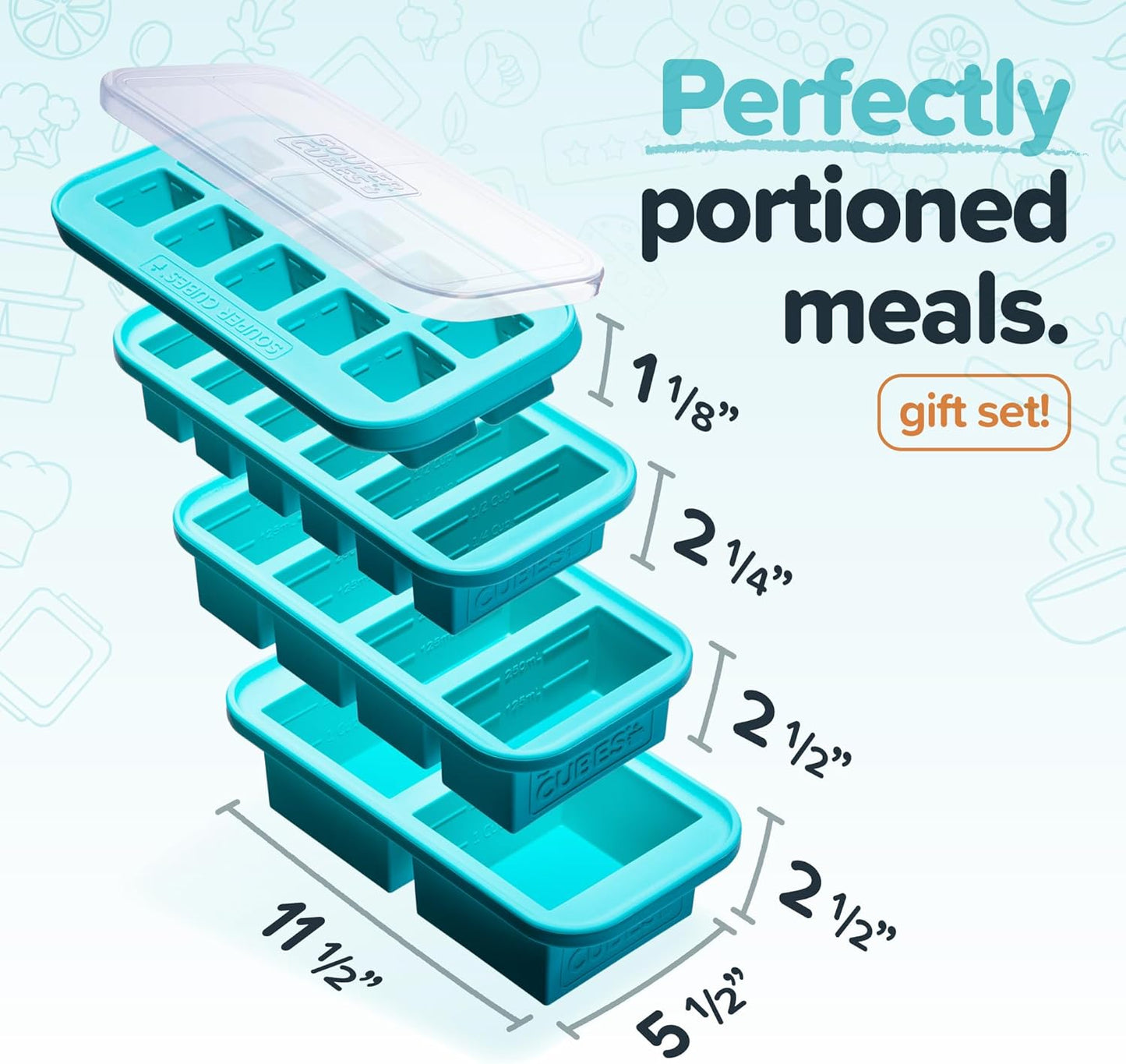 Souper Cubes Silicone Freezer Molds Gift Set, Kale | 2 Tbsp, 1/2 Cup, 1 Cup and 2 Cup Silicone Molds for Food Set, Perfect for Freezing Soup, Grains, Proteins, Herbs and More
