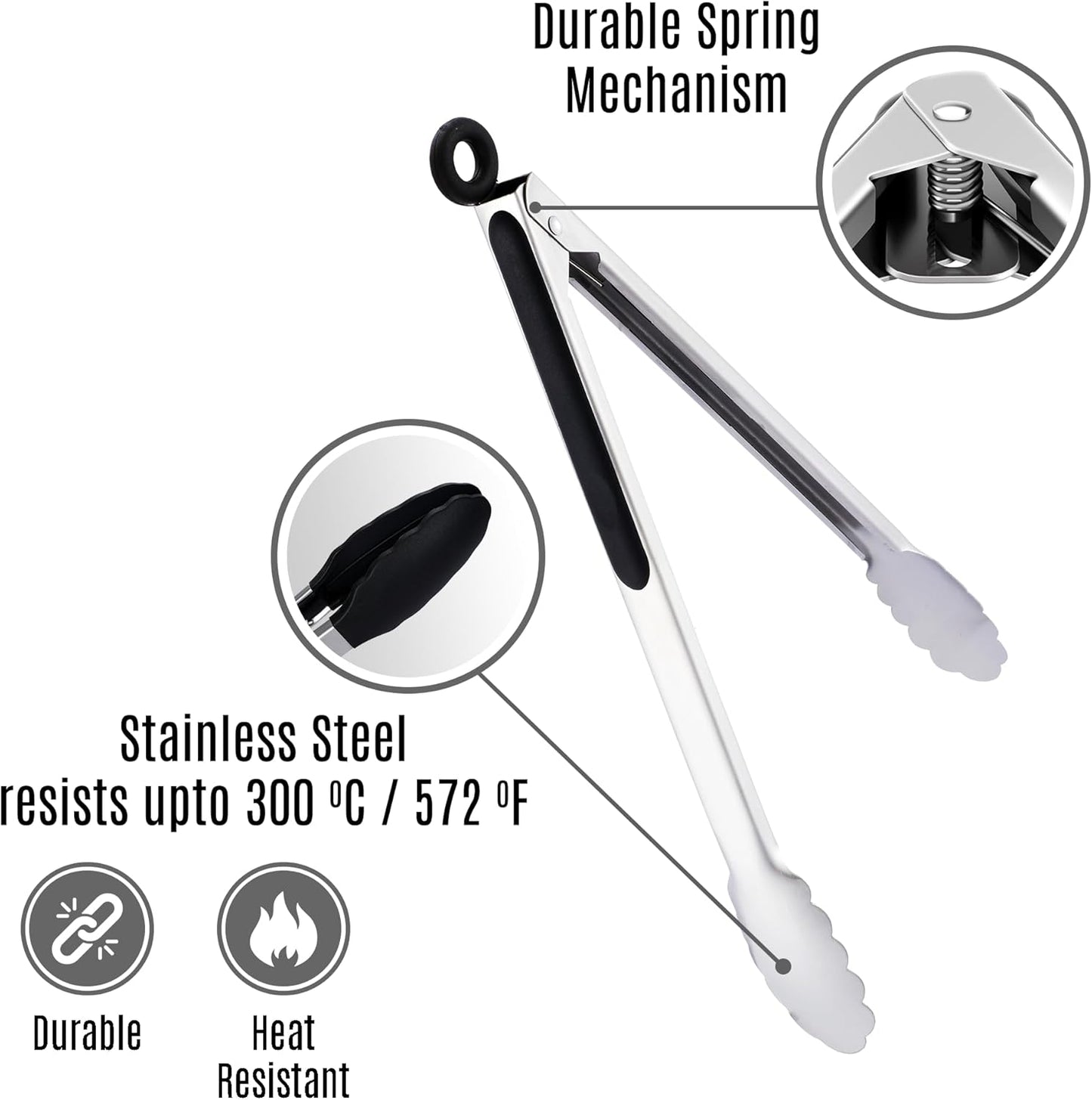 Pack of 3 Stainless Steel Kitchen Tongs with Silicone Tips – Non-Stick Cooking, Grilling & BBQ Tongs for Serving, Dishwasher Safe, 7", 9" & 12", Black