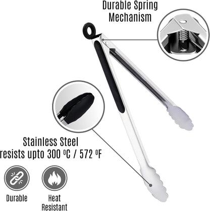 Pack of 3 Stainless Steel Kitchen Tongs with Silicone Tips – Non-Stick Cooking, Grilling & BBQ Tongs for Serving, Dishwasher Safe, 7", 9" & 12", Black