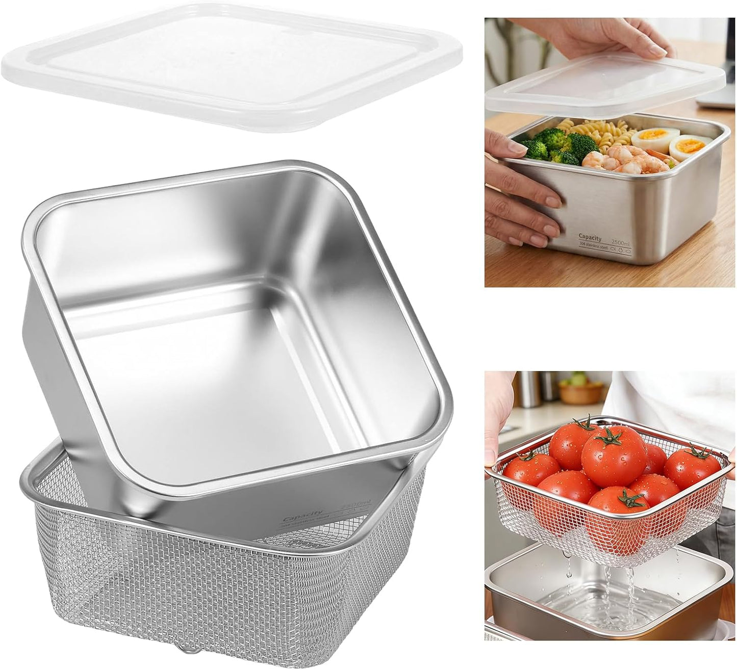 Stainless Steel Colander Set, Square Strainer with Lid for Draining Vegetable Washing Rice, 2 in 1 Strainer Bowl & Food Storage Container Food Preparation Box Bowl (1500ml)