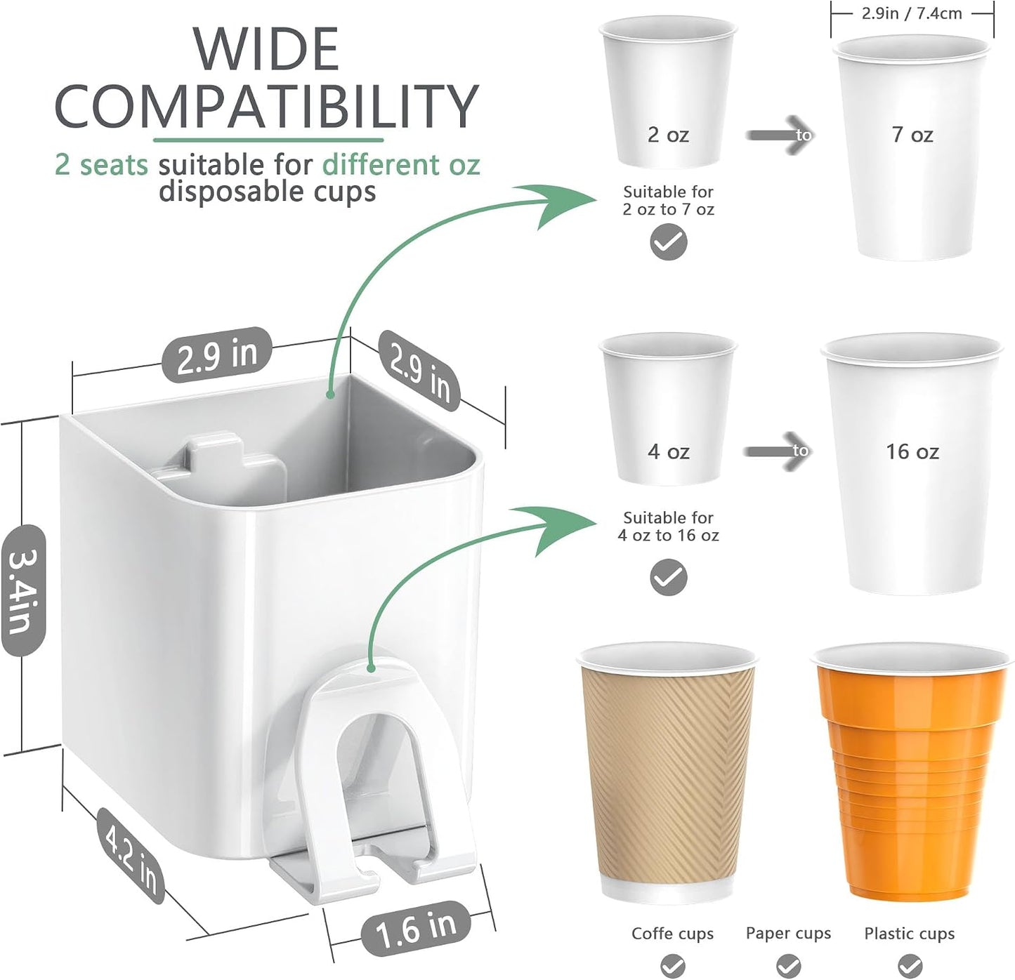 Cup Dispenser 2 Seats, Holder for 2-16 OZ Paper & Plastic Disposable Cups, Adhesive Cup Dispenser Wall Mount for Water Cooler, Coffee Station, Office, Bathroom, Wall (Dark Gray)