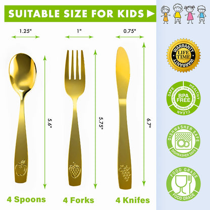 12 Piece Stainless Steel Kids Silverware Set - Child and Toddler Safe Flatware - Kids Utensil Set - Metal Kids Cutlery Set Includes 4 Small Kids Spoons, 4 Forks & 4 Knives - UV Rainbow