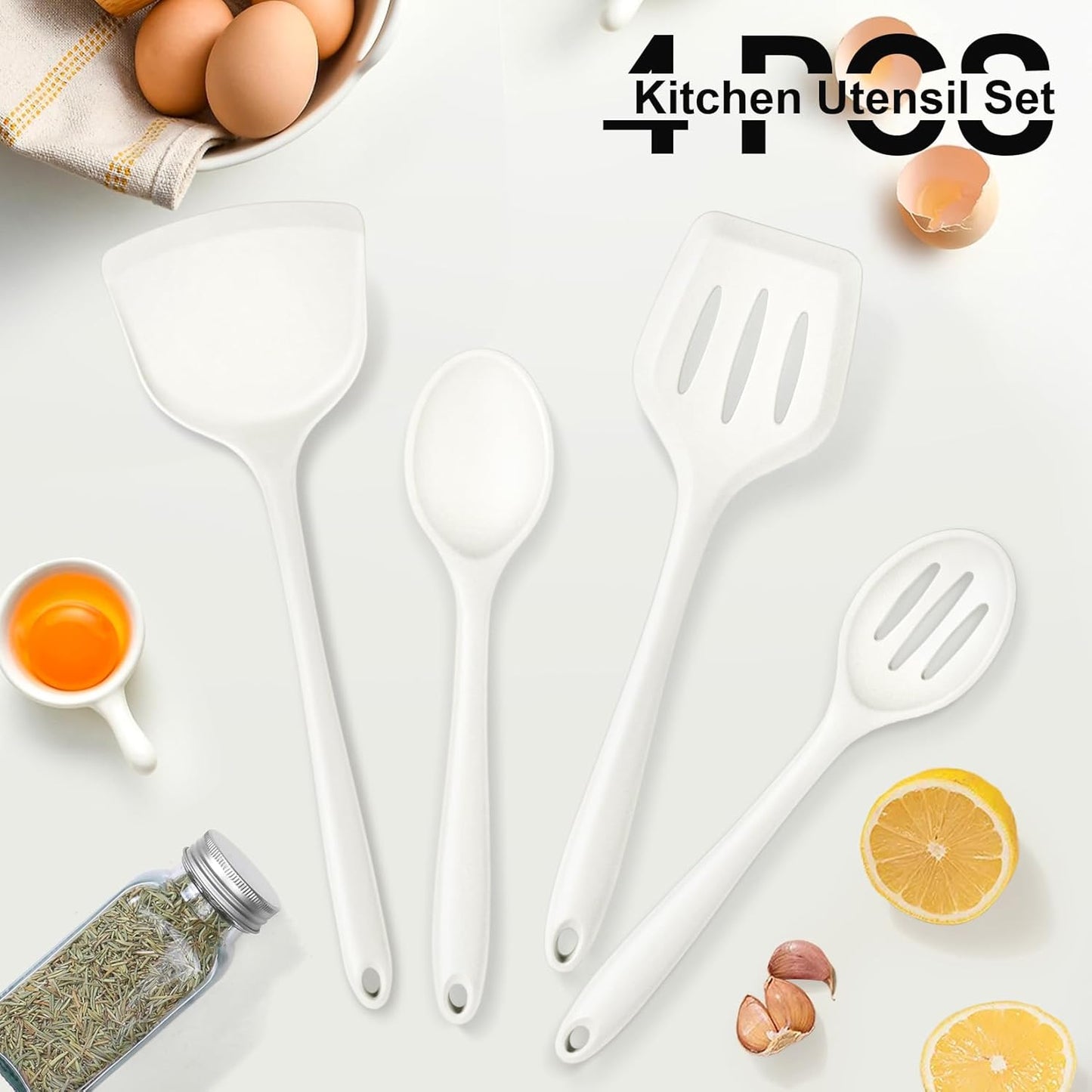 P&P CHEF Kitchen Utensil Set, 4 Pieces Non-stick Silicone Cooking Utensils, Heat-resistant Slotted Solid Spoon Turner for Frying, Mixing, Serving, Non-toxic & Easy to Clean, Blue