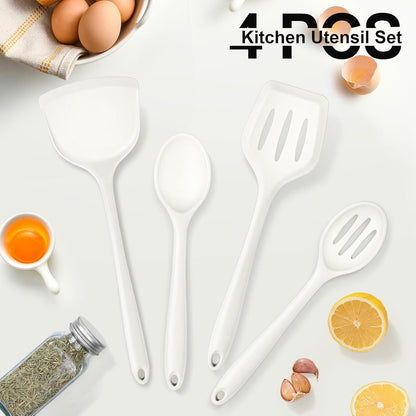P&P CHEF Kitchen Utensil Set, 4 Pieces Non-stick Silicone Cooking Utensils, Heat-resistant Slotted Solid Spoon Turner for Frying, Mixing, Serving, Non-toxic & Easy to Clean, Blue