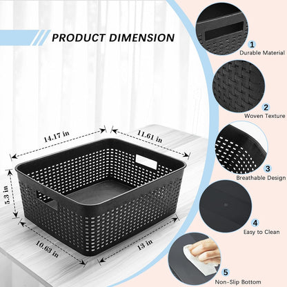 Soddeph Plastic Storage Baskets for Cabinets, Household Pantry Organization with Handle,Organizer Bins for Room,Bathrooms,Under-Sink,Kitchen (Black, L-3PACK)