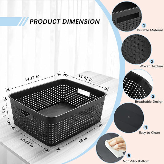 Soddeph Plastic Storage Baskets for Cabinets, Household Pantry Organization with Handle,Organizer Bins for Room,Bathrooms,Under-Sink,Kitchen (Black, L-3PACK)