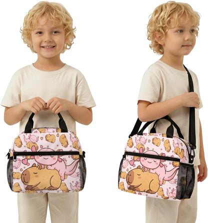 Cute Capybara Pizza Backpack for Girls, 5 Pcs Boys School Bag Set for Kids, 17 Inch Backpacks Lunch Pencil Box Reusable Utensils Case Set for Middle Elementary School, 3rd Grade Backpack