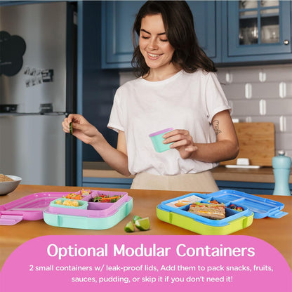 Caperci Bento Box for Kids - Large 4.8 Cups Lunch Box with Two Modular Containers - 4 Compartments, Leak-Proof, Portable Handle, Microwave/Dishwasher Safe, BPA-Free (Jungle Green/Blue)