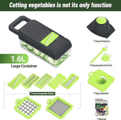 12-in-1 Vegetable Chopper 7 Blades, Veggie Cutter with Handle, Black/White
