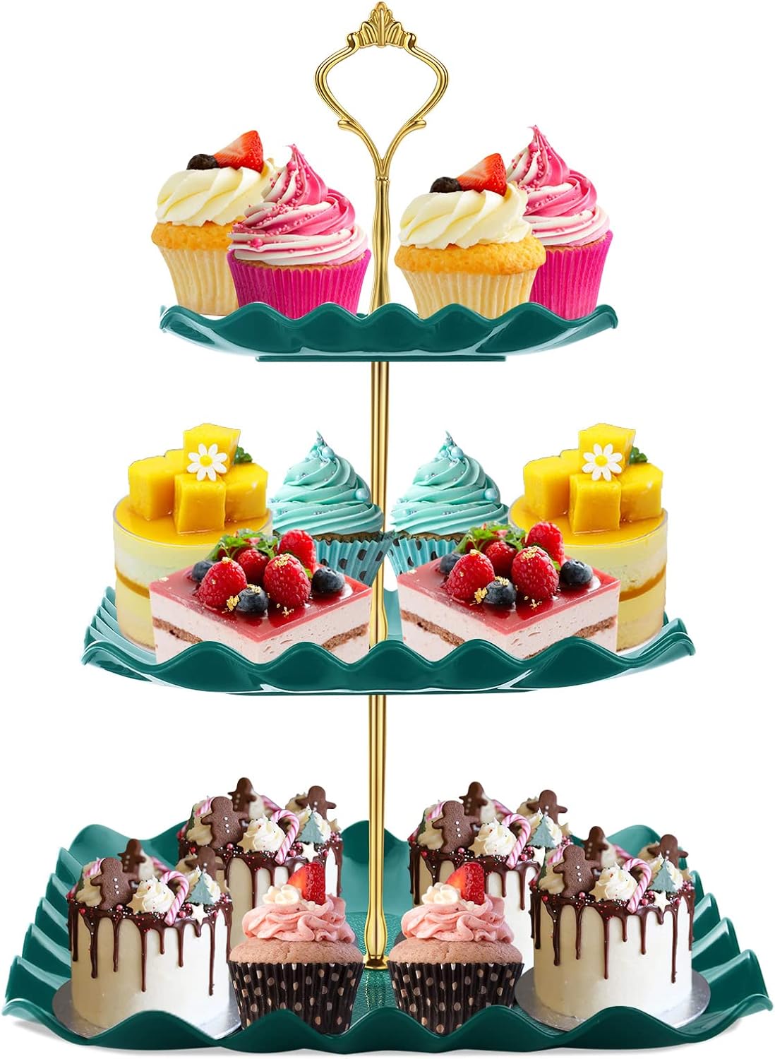 DAFURIET Dessert Cupcake Stand, 3 Tier Cup Cake Holder Tower for Tea Party/Birthday/Wedding, Plastic Tiered Serving Tray with Metal Rod, White