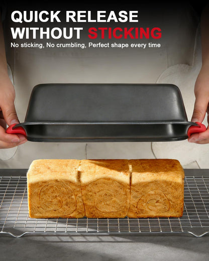 Meatloaf Pan with Drain Tray, 2 Piece Set Meat Loaf Pan with Silicone Grip and Spatula & Basting Brush, Carbon Steel with Nonstick Coating, Oven Safe to 450°F, Versatile for Bread, Roasts, Cakes