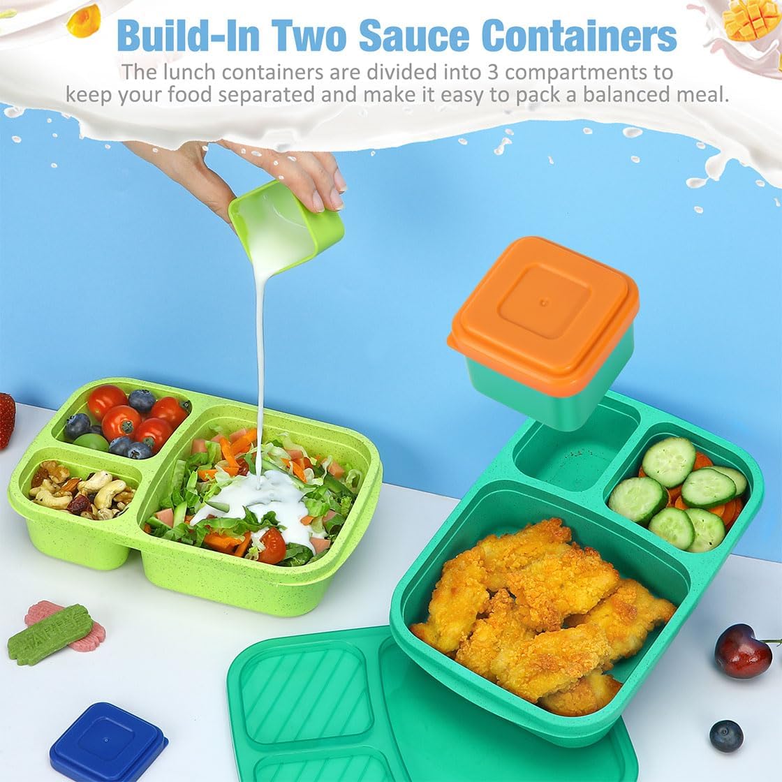 Caperci Bento Lunch Box Containers for Adults & Kids - 3-Compartment Reusable Meal Prep Containers with 2 Sauce Containers for School, Work, Travel, Wheat Straw, 4-Pack (Vintage Colors)