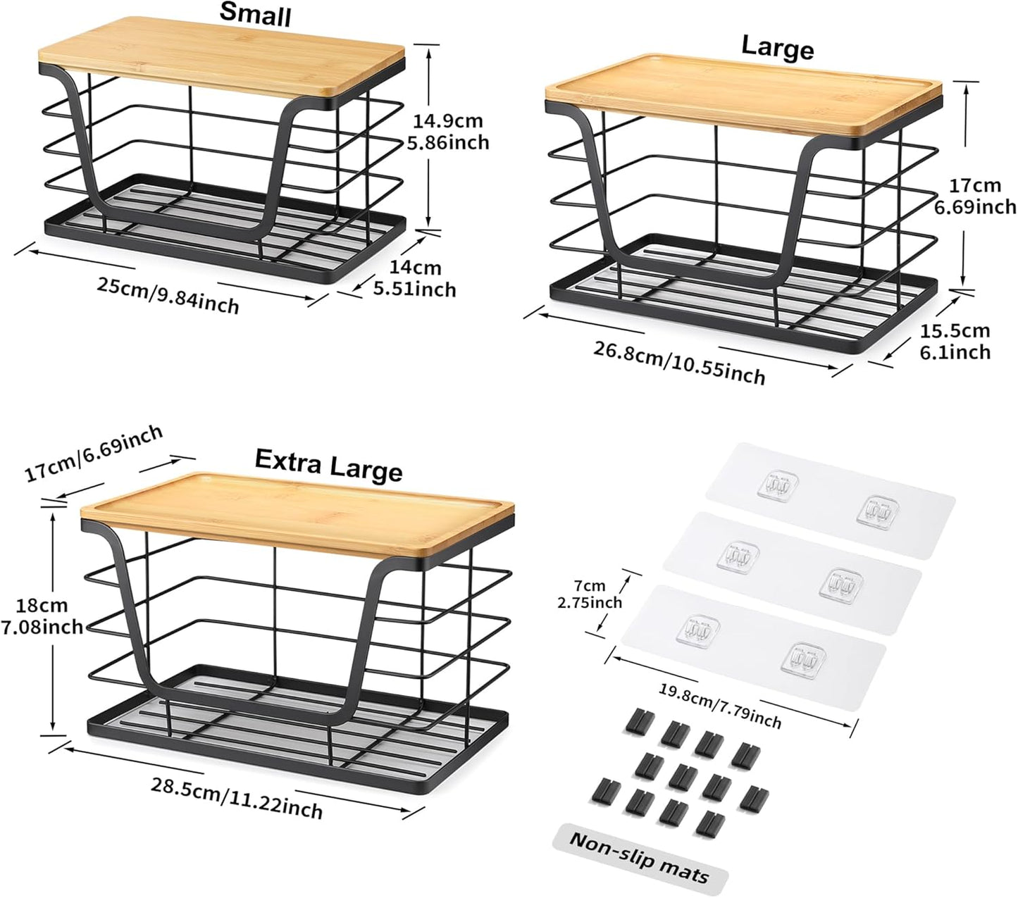 ALOCEO 2 Pack Stackable Wire Storage Basket with Bamboo Lid, Trash Bag Dispenser Under Sink for 4-13 Gal Bags, Kitchen Storage Bins for Potato and Onion, Brown